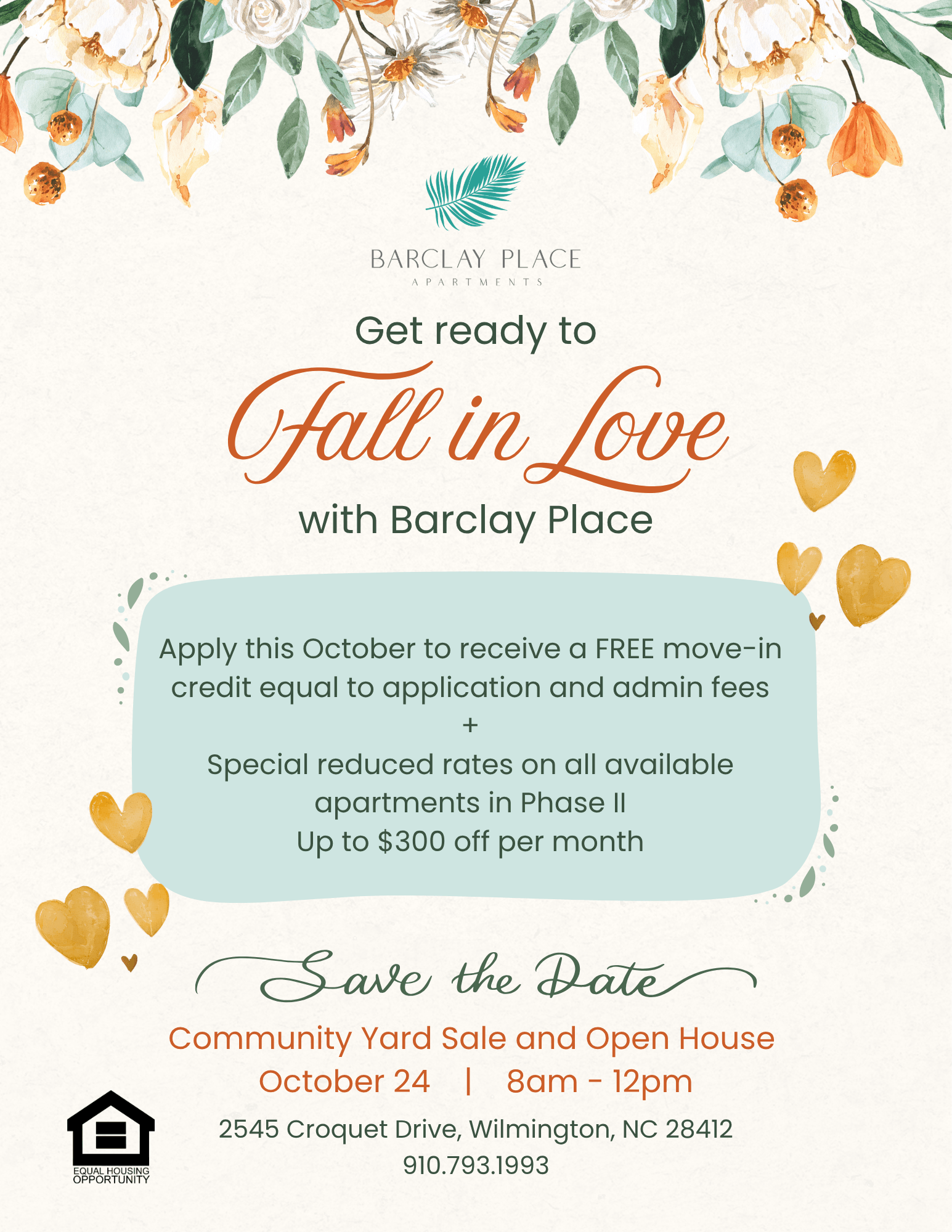 Apply this October to receive a FREE Move-in credit. Restrictions apply. Call our leading office for more details